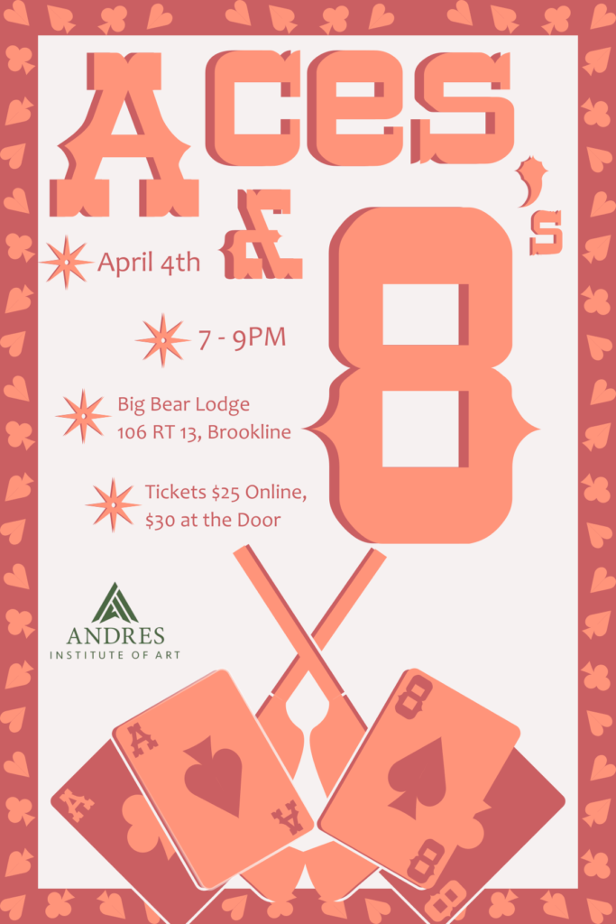 A western-themed band poster that features the title 'Aces and Eights' as well as imagery of 4 playing cards and two guns